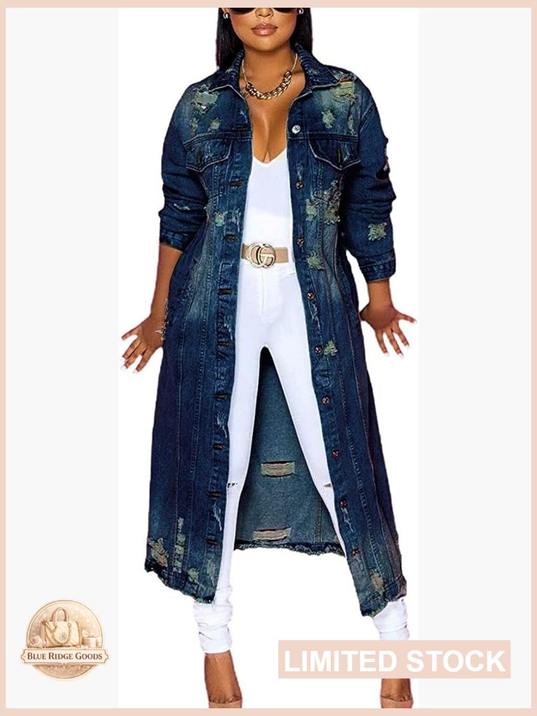 Distressed Denim Trench Coat Oversized Loose Fit Y2k Chic Long Sleeve